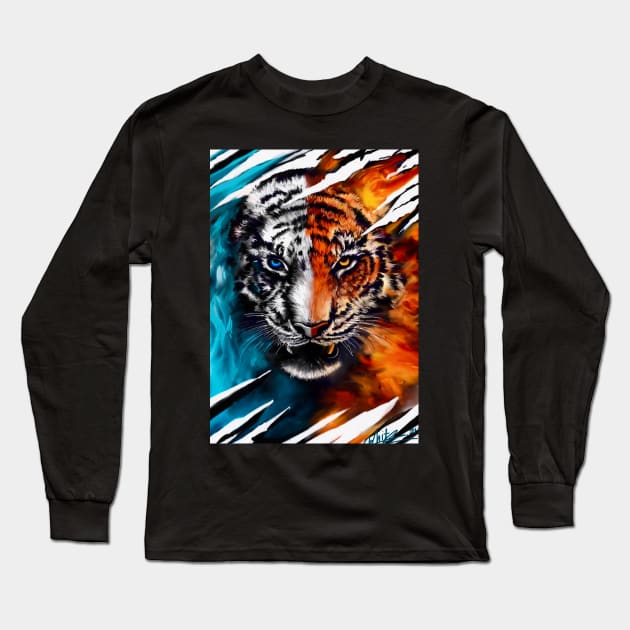 Fire And Ice Abstract Tiger Long Sleeve T-Shirt by Artbythree